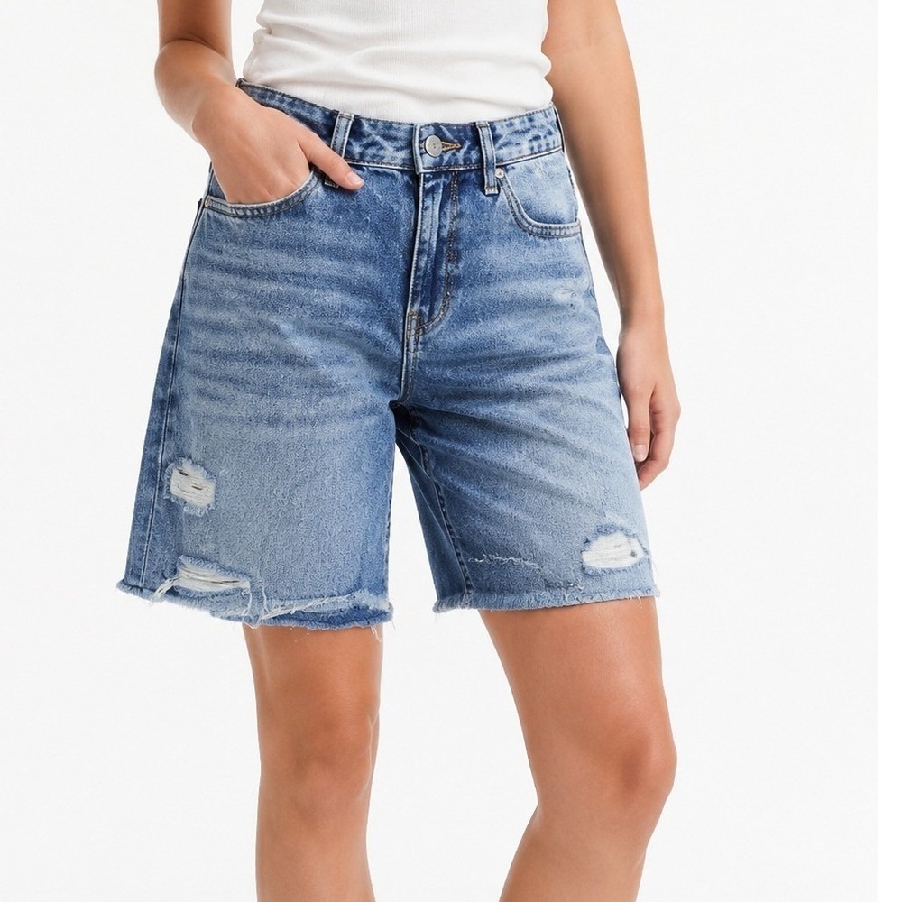 Abercrombie Kids Unisex Denim Shorts Blue 15/16 Mid Rise Baggy Distressed Frayed
